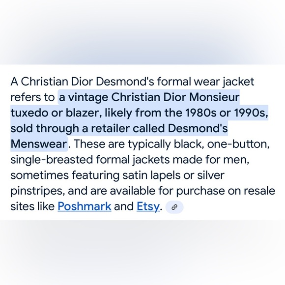 🌹VTG :CHRISTIAN DIOR DESMOND’S FORMAL WEAR JACKET-80'S-90'S - Picture 14 of 14